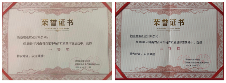 榮譽(yù) | “百家牛場青貯質(zhì)量評鑒活動”花花牛新蔡瑞亞牧業(yè)、河南合源乳業(yè)分別榮獲一、三等獎